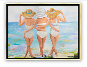 An artwork print featuring three women in swimsuits and straw hats, viewed from behind, walking on a beach with a stylized, painterly approach in pastel colors. Created from an original painting by Kristin Cooney