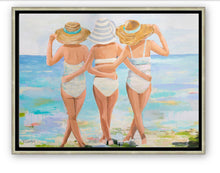 Load image into Gallery viewer, An artwork print featuring three women in swimsuits and straw hats, viewed from behind, walking on a beach with a stylized, painterly approach in pastel colors. Created from an original painting by Kristin Cooney
