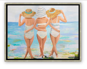 An artwork print featuring three women in swimsuits and straw hats, viewed from behind, walking on a beach with a stylized, painterly approach in pastel colors. Created from an original painting by Kristin Cooney